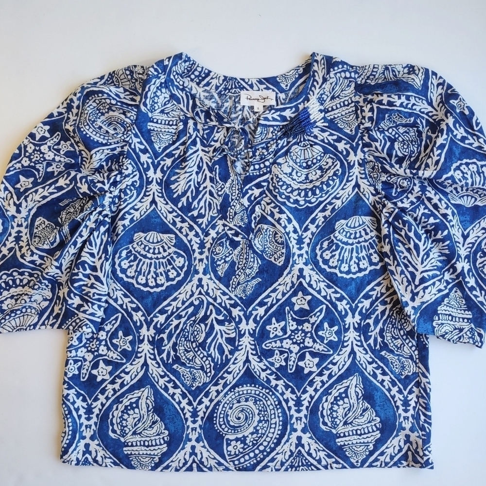 Panama Jack Nautical Linen Top Small Beaded Tassels Resort Beach Shells Coastal